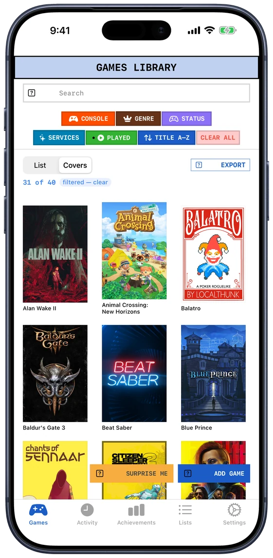 The cover grid on iPhone: a wall of game box art.