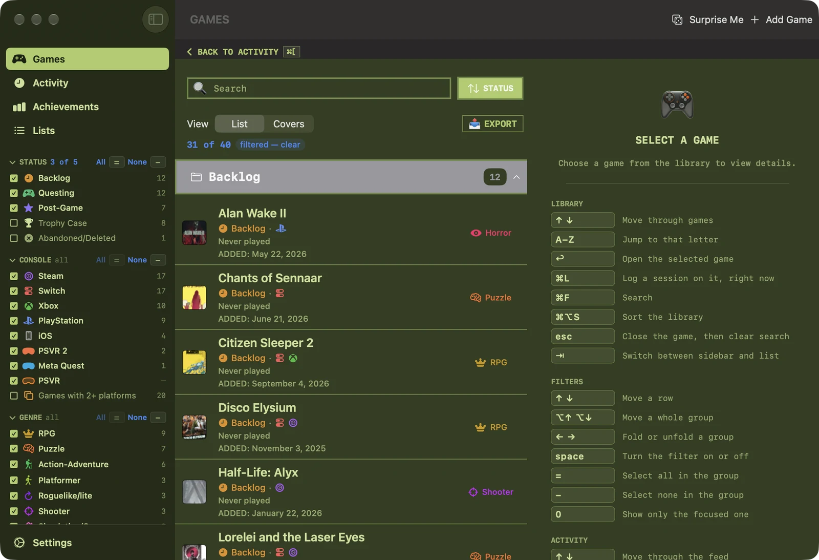 Quest Chronicle on macOS in the Green Terminal theme: the library beside the keyboard guide.